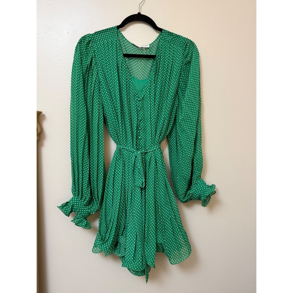 Endless Rose Green Polka Dot Pleated Long Sleeve Wide Leg Romper with Tie Waist - Picture 4 of 16
